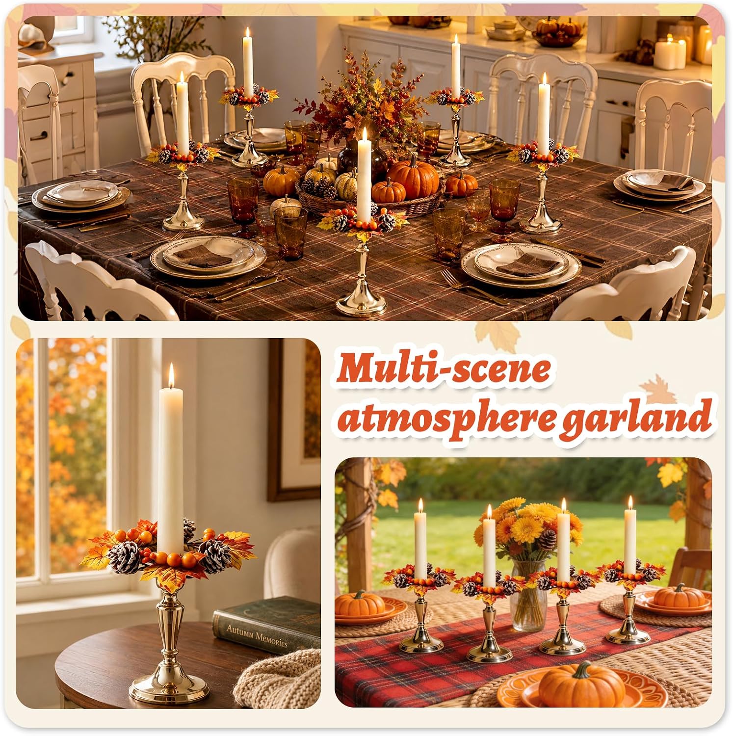 6 PCS Fall Taper Candle Rings 1.38" Mini Thanksgiving Taper Candle Holder Wreaths with Maple Leaves Pine Cones Berries Autumn Harvest Table Centerpieces Decor for Candlesticks Farmhouse Home Decor