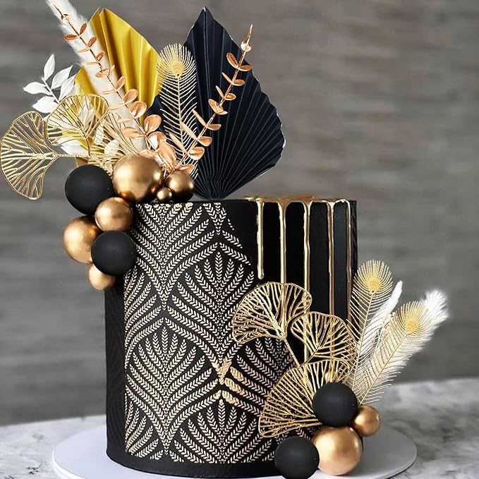Boho Cake Topper Black Gold Balls Cake Topper Gold Leaves Cake Decorations Prom Cake Decoration Roaring 20s Cake Decoration 1920s Party Supplies Balls Cake Decorations