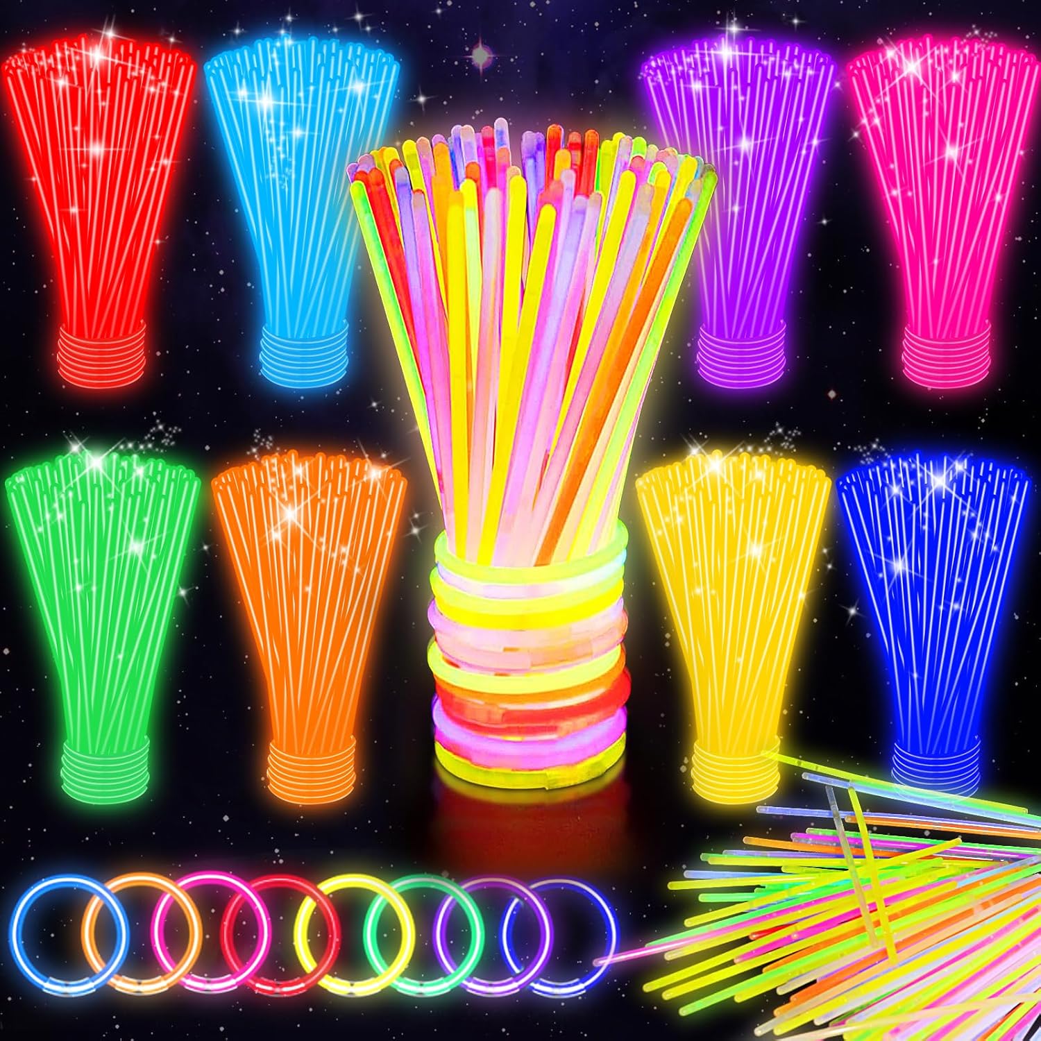 SHQDD 100 Glow Sticks Bulk Party Pack, 8” Neon Glow Sticks, DIY Glowsticks with Connectors Bracelets & Necklaces, Glow in the Dark Party Supplies for Kids, Adults, Parties, 4th of July & Halloween