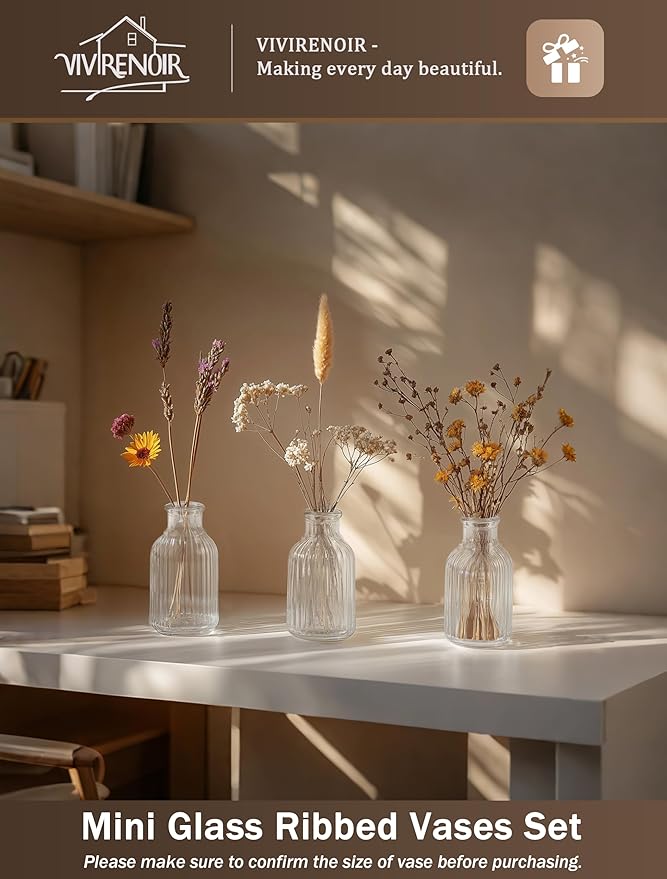 Glass Bud Vases Set of 24, Small Flower Vase in Bulk, Clear Mini Ribbed VaseS for Centerpieces, Modern Wedding Reception Table Decorations