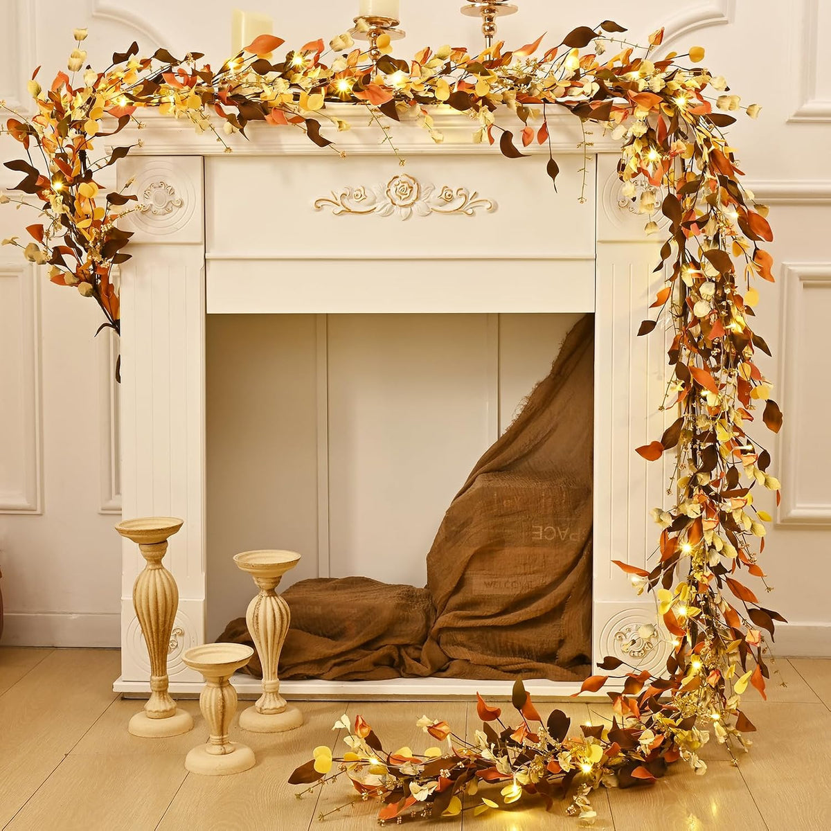 waipfaru fall decor, 6ft fall garland with lights on a desk or shelf