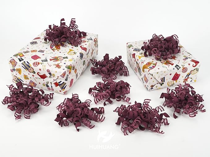 HUIHUANG Christmas Bows for Gift Wrapping Burgundy Curly Gift Bow 5 inch x 8 Counts Wine Red Self-Adhesive Xma Bows for Presents, Paper Bag, Party Favors, Wrapping Accessories