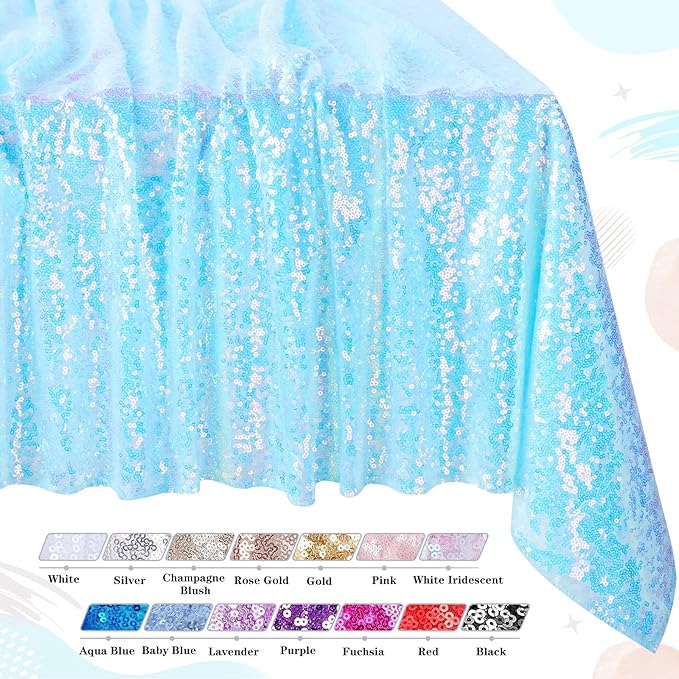 QueenDream Sequin Iridescent Tablecloth 60x102 Inches Blue Sequin Table Overlay Mermaid Parties Cocktail Decor