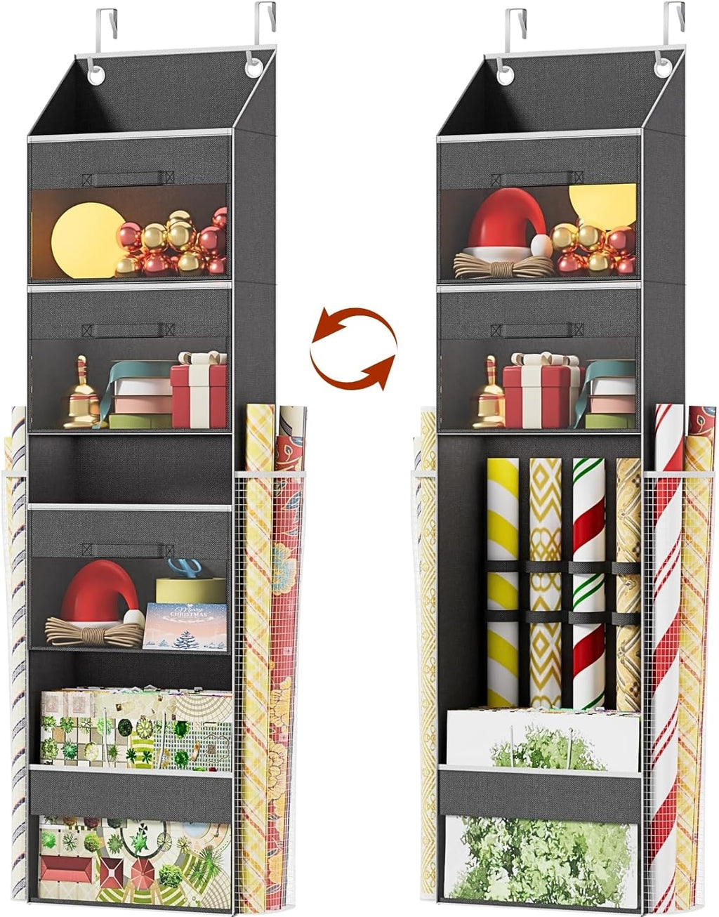 Over Door Wrapping Paper Organizer Storage with 3 Removable Drawers & Side Pockets – Dual Use Design with Elastic Straps – Christmas Gift Wrap Storage for Ribbons, Bows, Ornament and Other Tools 1Pack