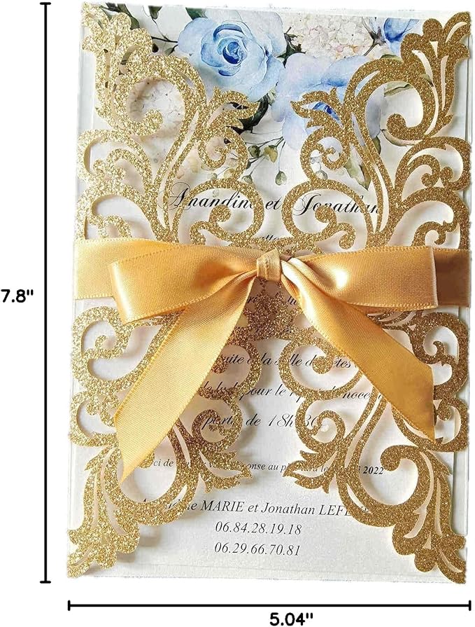 25PCS Gold Glitter Laser Cut Wedding Invitations Cards with Envelopes,Blank Inner Sheets,Ribbons for Wedding Bridal Shower Quinceañera Engagement Birthday Invites
