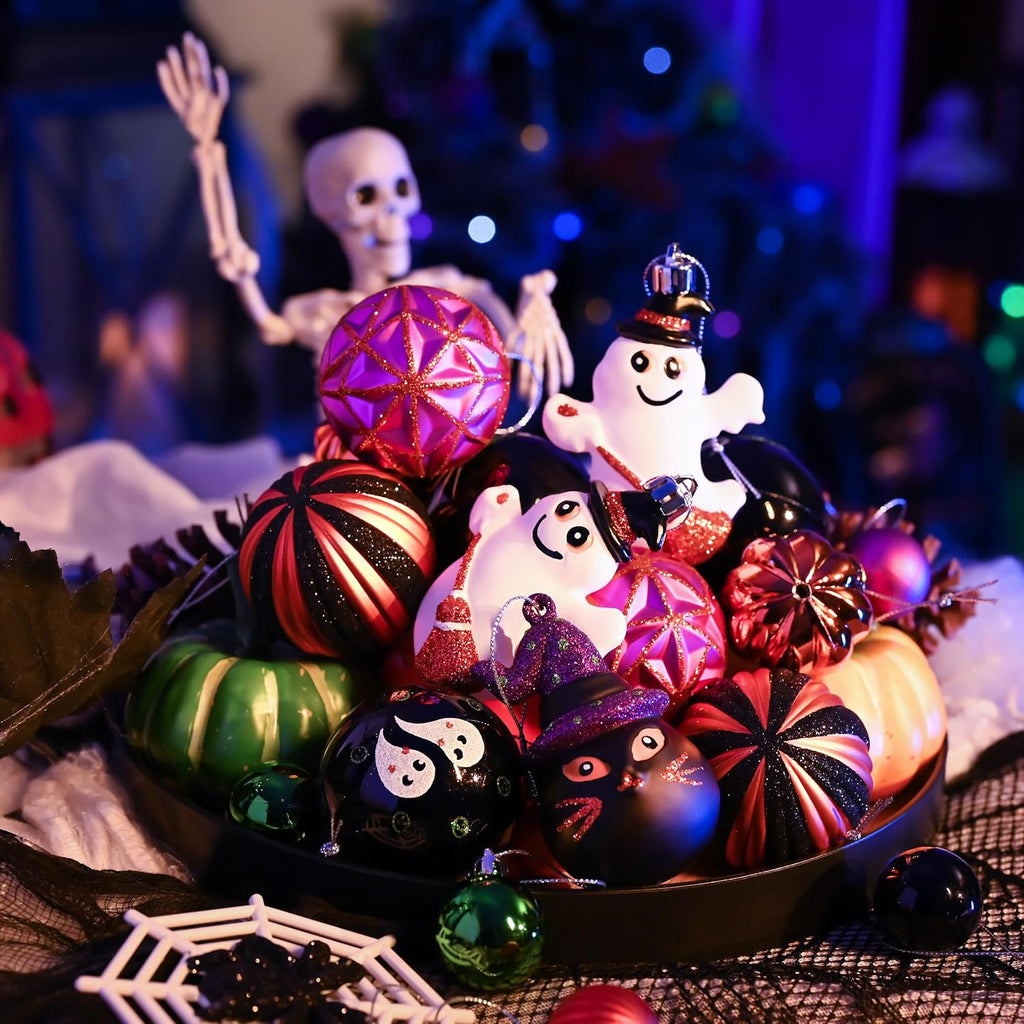 Valery Madelyn 40ct Medium Halloween Ornaments Shatterproof Tree Decoration | Ghost Cat Jack-o'-Lantern Pumpkin Vintage Variety Hanging Ball Ornaments Set for Small Tree, Cute Holiday Party Home Decor