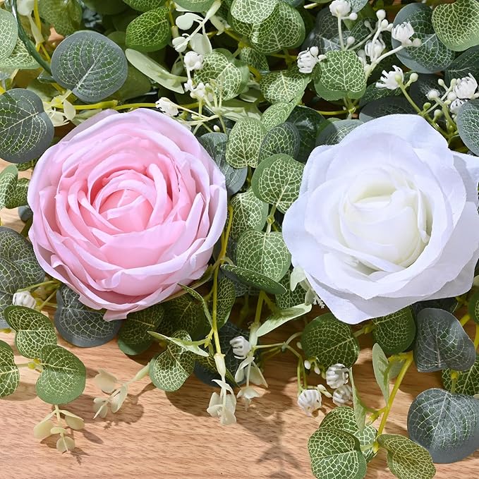 Waipfaru 6.07FT Artificial Eucalyptus Garland with Flowers, Fake Rose Gypsophila Floral Garland, Floral Vines for Wedding Table Backdrop Party Centerpiece Room Decor