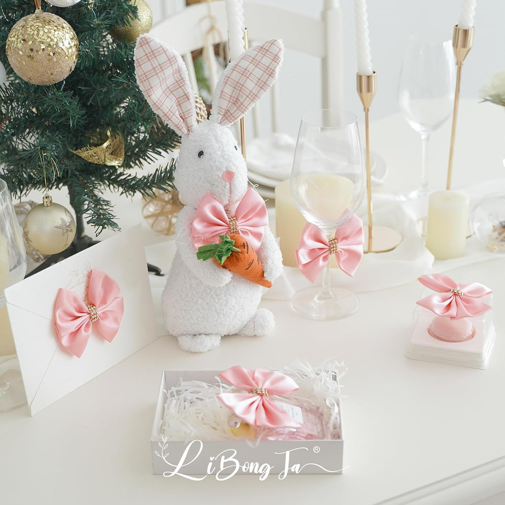 Pink Satin Bows 12 PCS Premade Self Adhesive 3.5" Gift Bows with Rhinestone for Wedding Party Event Decor Gift Wrapping Craft Baby Shower Wedding Treat Bags Presents Making Greeting