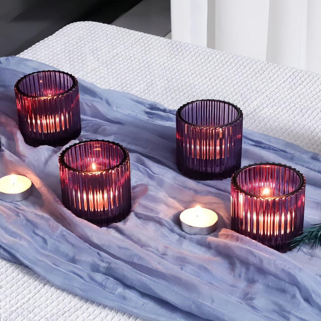 VOHO Large Votive Candle Holders for Table Centerpiece, 6pcs Purple Glass Ribbed Candle Holder for Halloween Decorations, Vintage Tealight Candle Holder for Baby Shower/Easter/Diwali(2.75"W x 2.56"H)