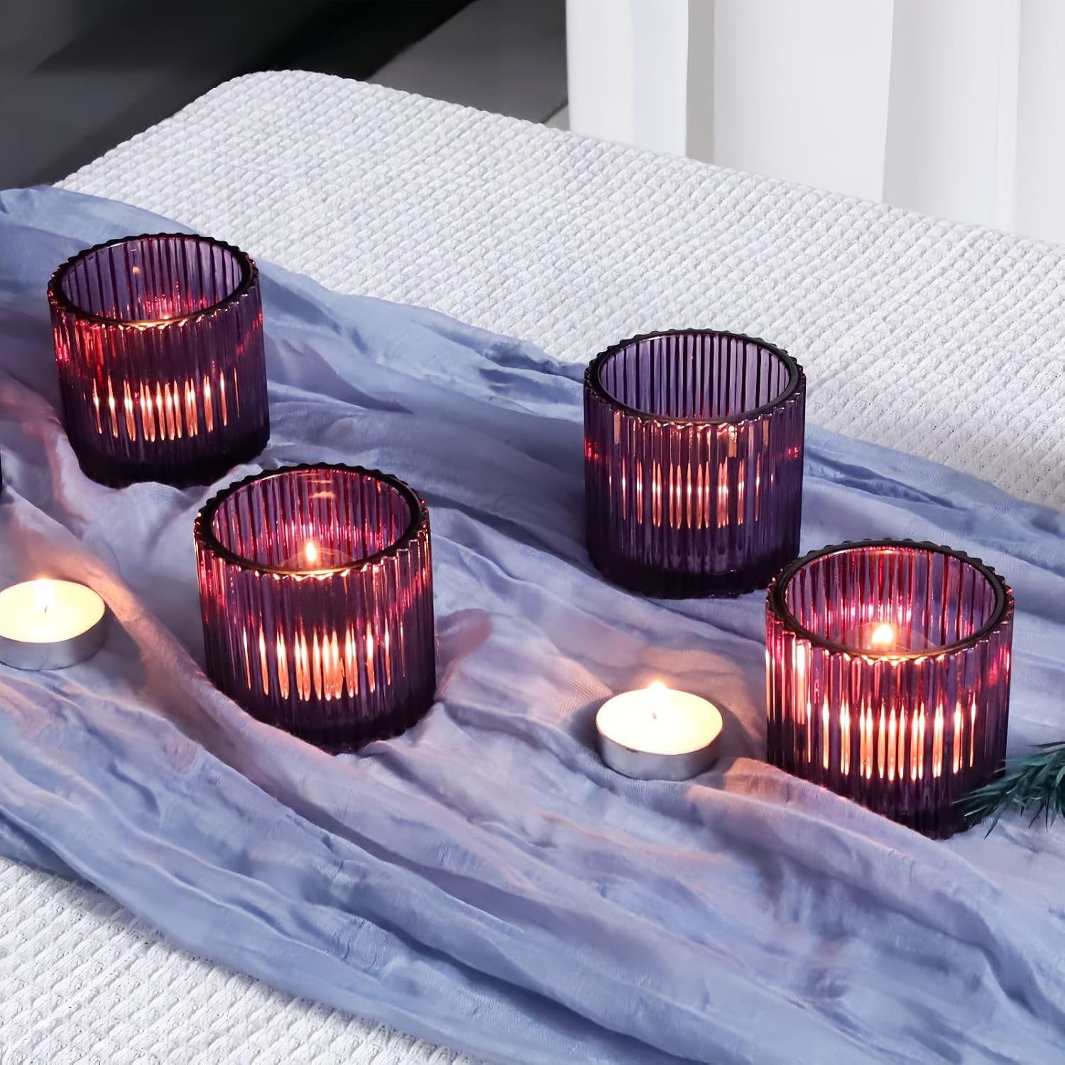 VOHO Large Votive Candle Holders for Table Centerpiece, 6pcs Purple Glass Ribbed Candle Holder for Halloween Decorations, Vintage Tealight Candle Holder for Baby Shower/Easter/Diwali(2.75"W x 2.56"H)