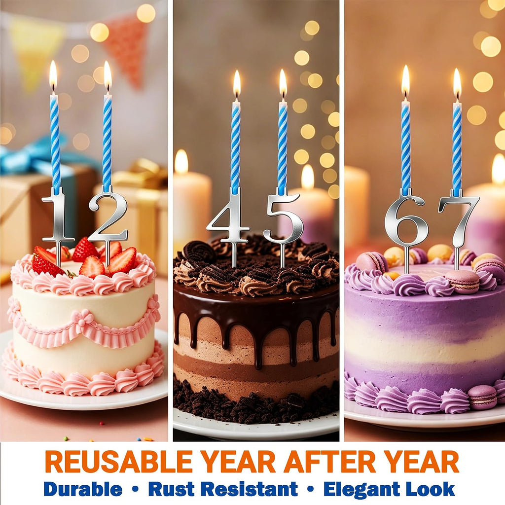 20PCS Reusable Number Candle Holder Set, Adjustable Metal Candle Holder Stand, Cake Topper Decorations for Birthday, Wedding, Anniversary Party, Stable & Heat-Resistant, Silver