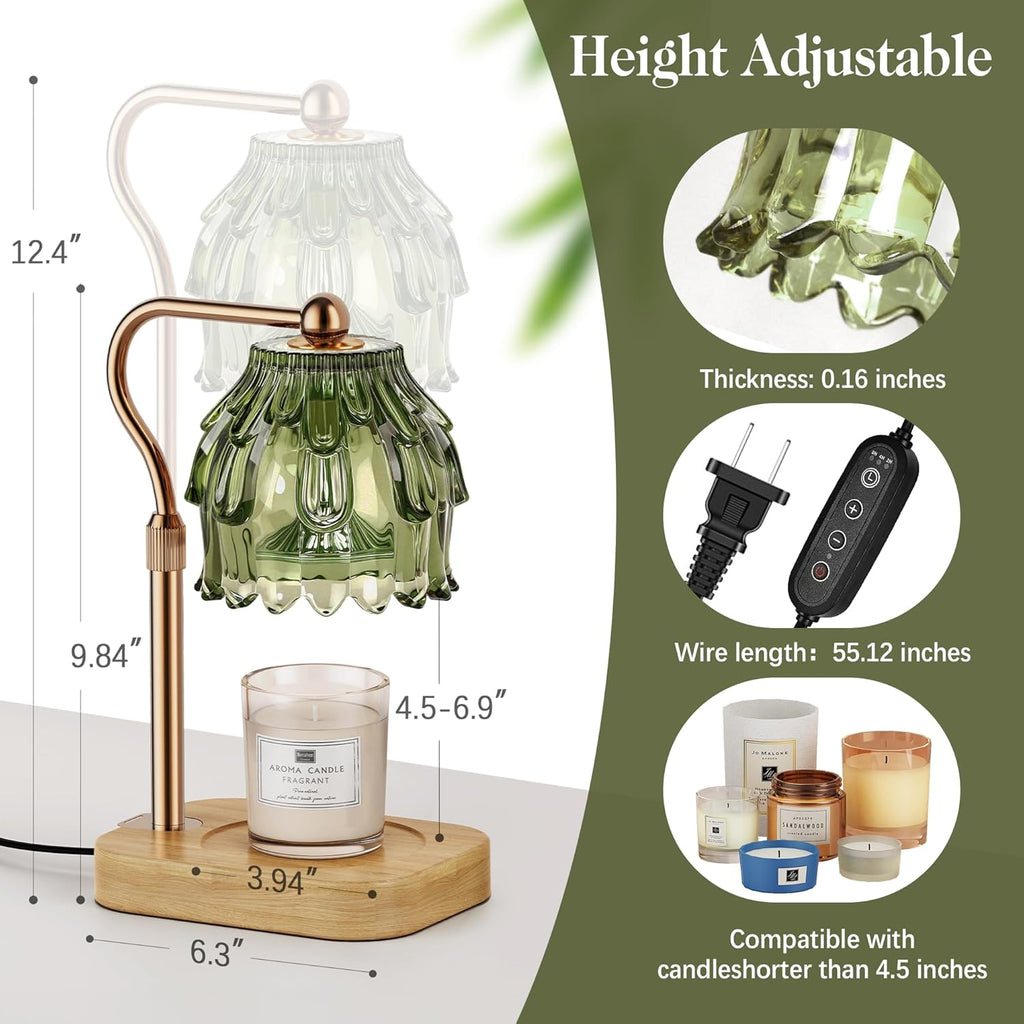 Candle Warmer Lamp with Timer Dimmer, Modern Wax Warmer for Scented Wax Jar Candle Warmer with 2 Bulbs, Adjustable Height Glass Lamp for Gifts for Women, Home Decor, Gold Green