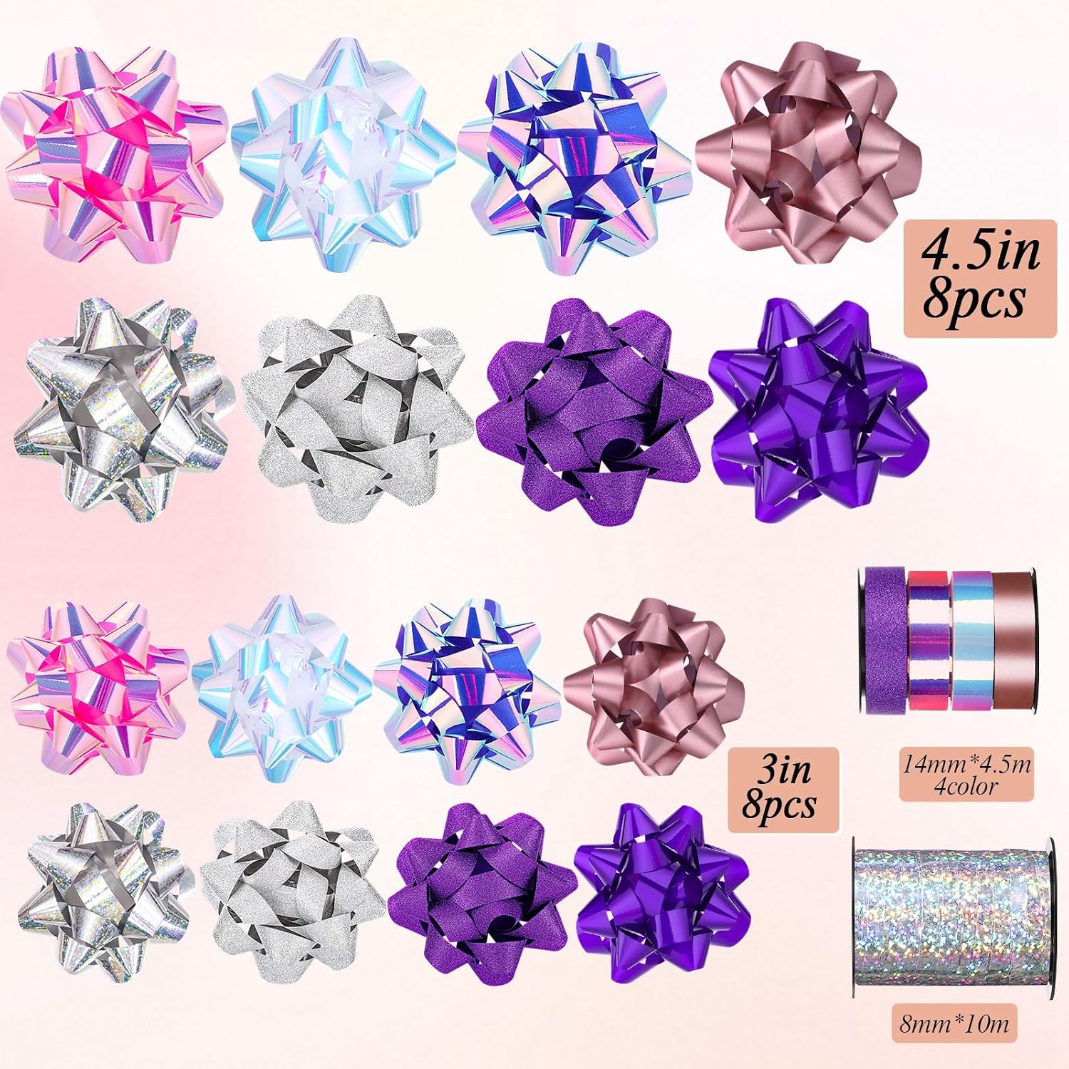 18 Pcs Gift Bows, 16 Assorted Size Gift Bows and 2 Crimped Curling Ribbons | Ideal for Party Gift Wrapping Birthday Decoration(6 Colors)