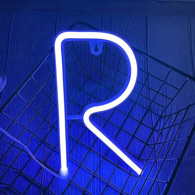 ENUOLI Blue LED Neon Letter Light, USB Batteries Operated Letter Sign for Night Light Lamp Words for Valentines Day, Home, Indoor Wall Decor (R)
