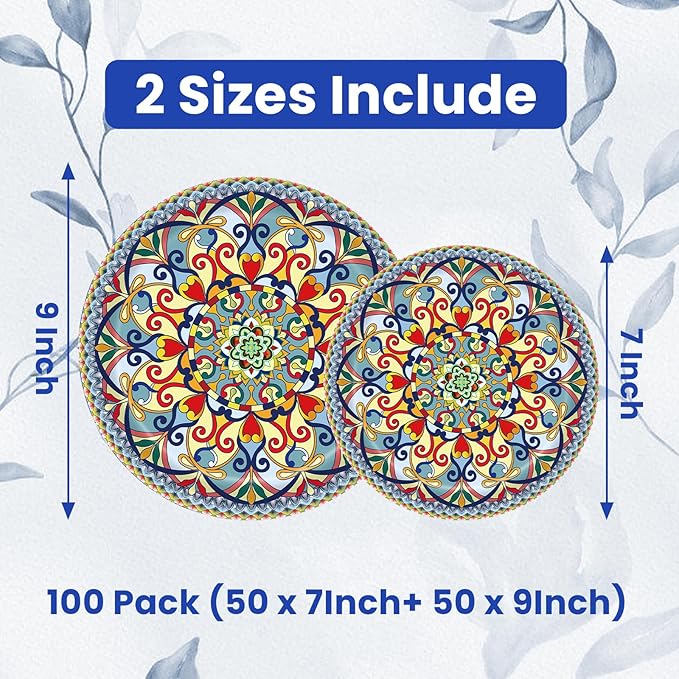 100PCS Boho Paper Plates (50×7 Inch & 50×9 Inch)–Vintage Bohemian Style Disposable Plates, Dessert Party Dinner Plates, Dinnerware Plate Set for Birthday Gatherings