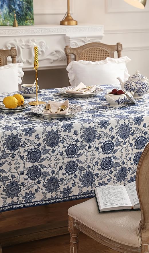 patdrea Designer Vintage Blue Rectangle Tablecloth,Linen Anti-Wrinkle Paisley Pattern Farmhouse Extra Long Table Cloth,Decor Cover for Kitchen Dining,Christmas,Thanksgiving,67"x118"-Lantang a