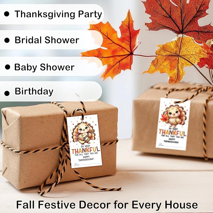 40 PCS Fall Gift Tags Thanksgiving Gift Tags with String, 2.1" x 3.5" Thanksgiving Design Present Label for Present Bags, Fall Party Favor Decorations, 4 Styles - A02