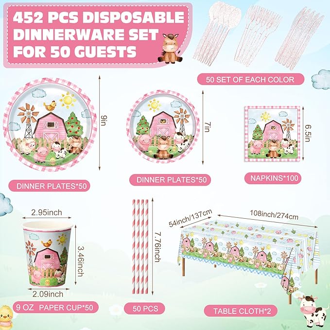 452 Pcs Pink Farm Animal Birthday Decorations for 50, Barnyard Animal Paper Plates Napkins Cups Tablecloth Cutlery Straws Barn Farm Tableware Set for Birthday Baby Shower Party Supplies