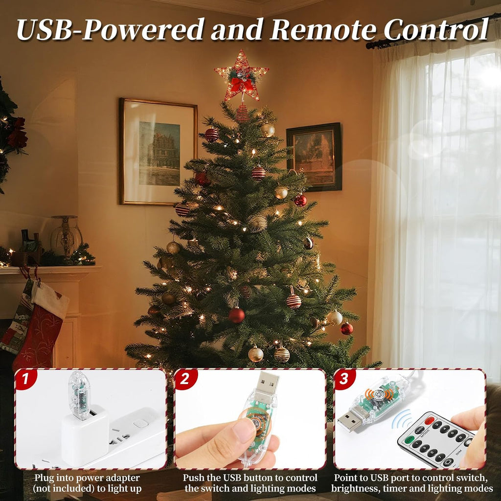 Lewondr Christmas Tree Topper, 8'' Small Metal Christmas Star Tree Topper with Pine Leaves and Bow, 30 LED Bulbs, 6H Timer, 8 Light Modes, USB & Remote Control Star Treetop for Home Xmas Decor, Red