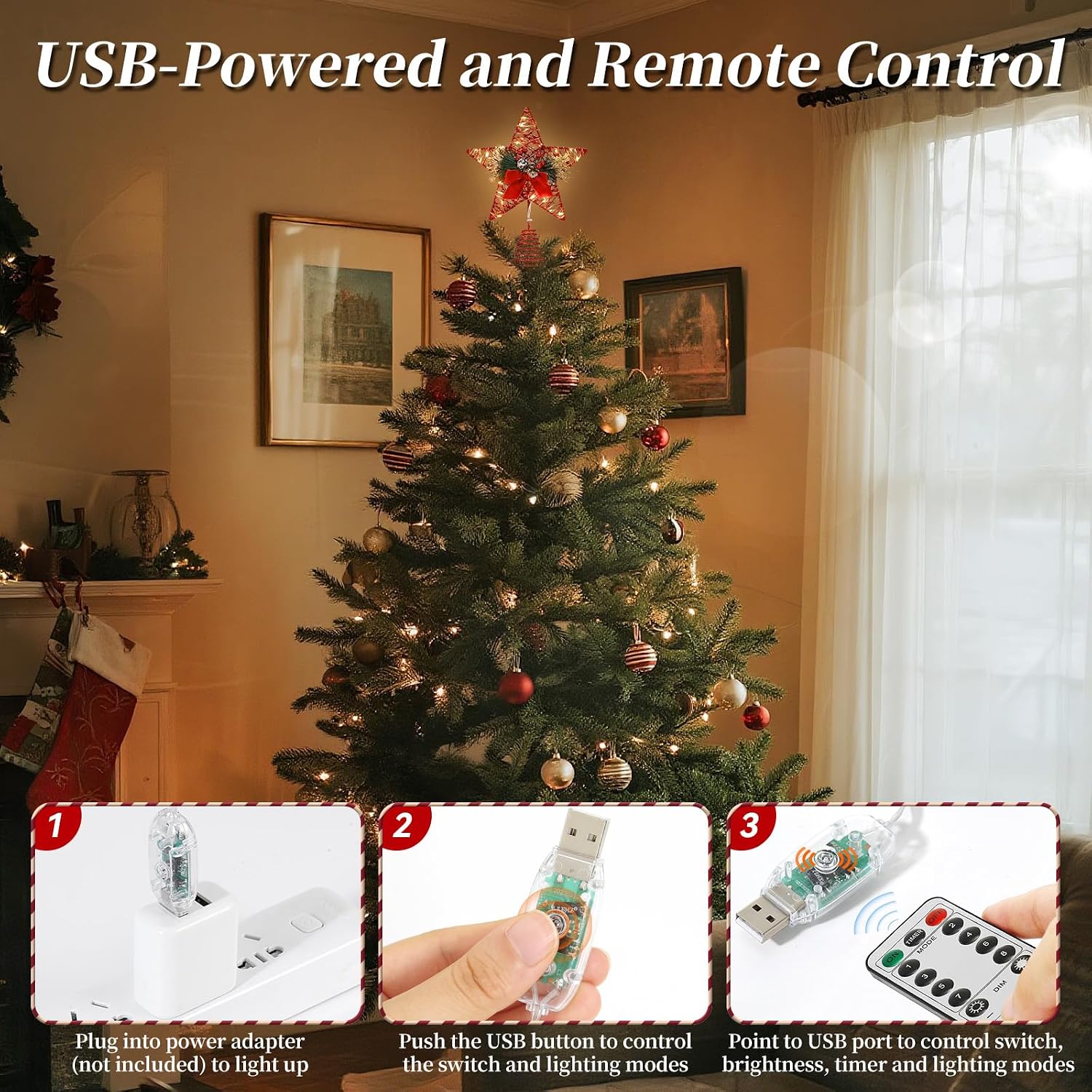 Lewondr Christmas Tree Topper, 8'' Small Metal Christmas Star Tree Topper with Pine Leaves and Bow, 30 LED Bulbs, 6H Timer, 8 Light Modes, USB & Remote Control Star Treetop for Home Xmas Decor, Red