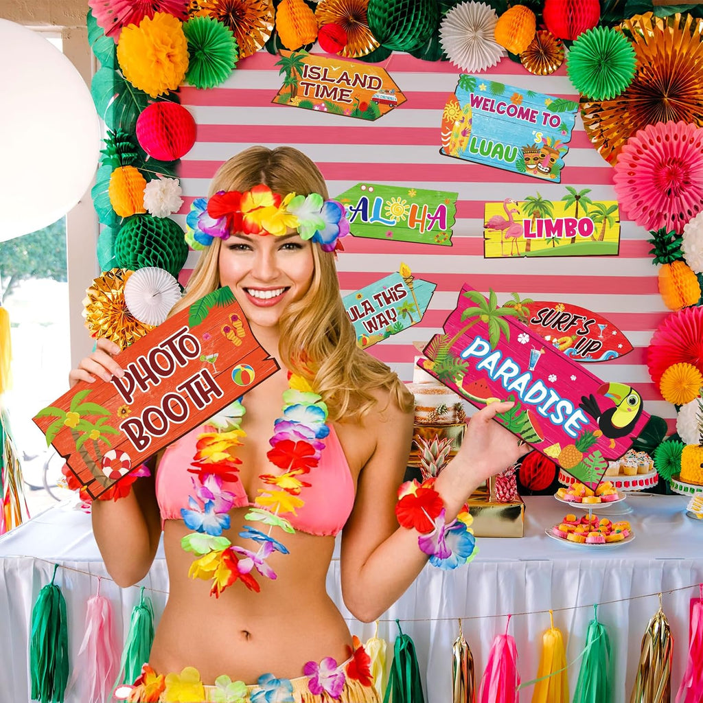 20 Pieces Luau Party Decorations Hawaiian Party Welcome Sign Summer Tropical Party Direction Signs for Fiesta Hawaiian Luau Tiki Themed Birthday Wedding Party Supplies with 2 Sheet Stickers