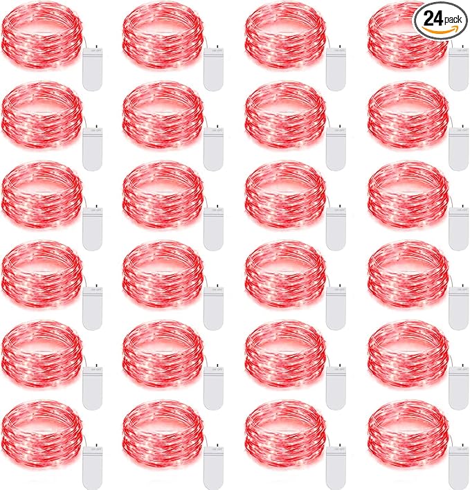 24 Pack LED Fairy Lights Battery Operated 7Ft 20Led Mini String Lights Waterproof Christmas for Mason Jars Bedroom DIY Party Wedding Christmas Decor Red