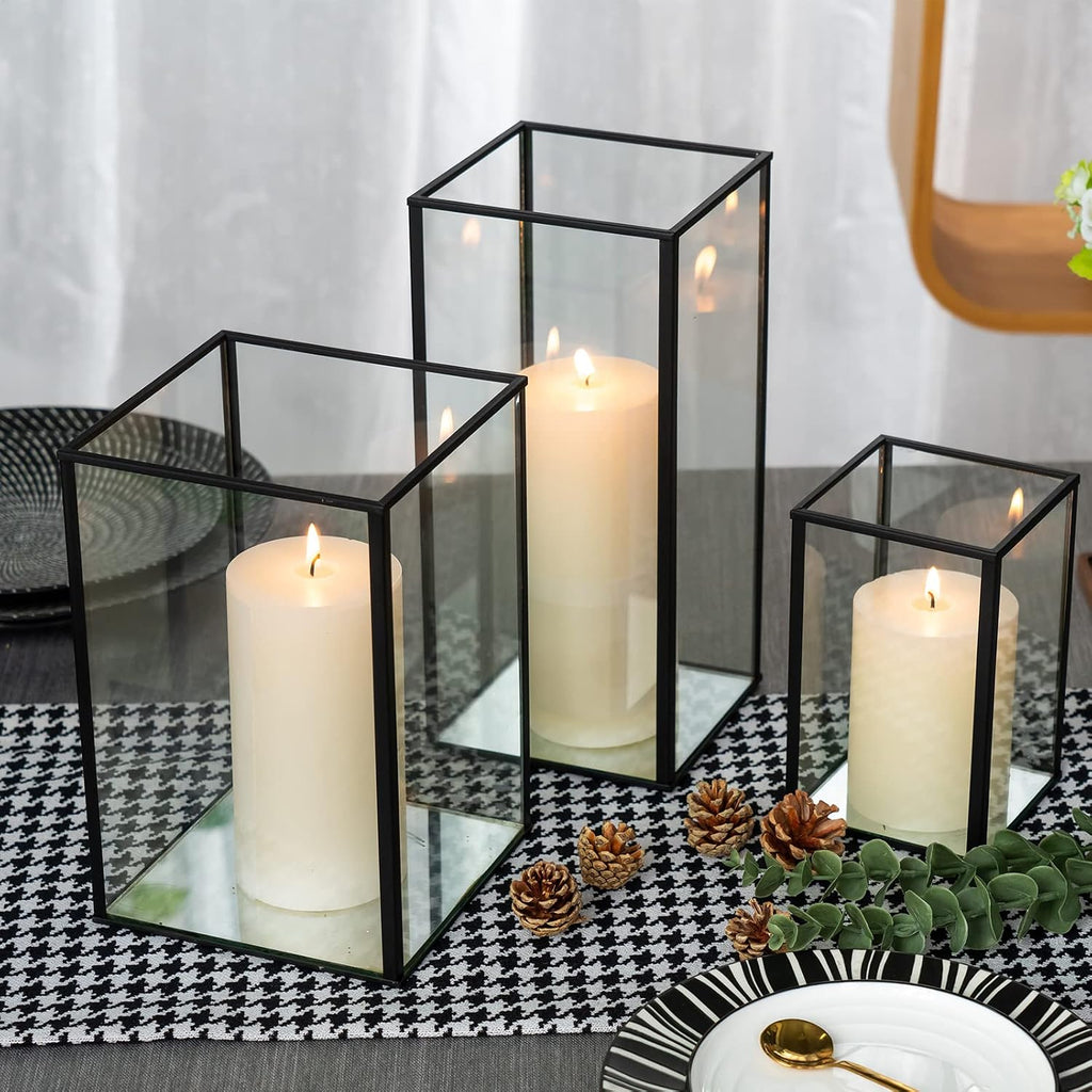 yshengood Large Glass Hurricane Candle Holder Set of 3 PCS, Black Frame and Glass Hurricane Candleholders