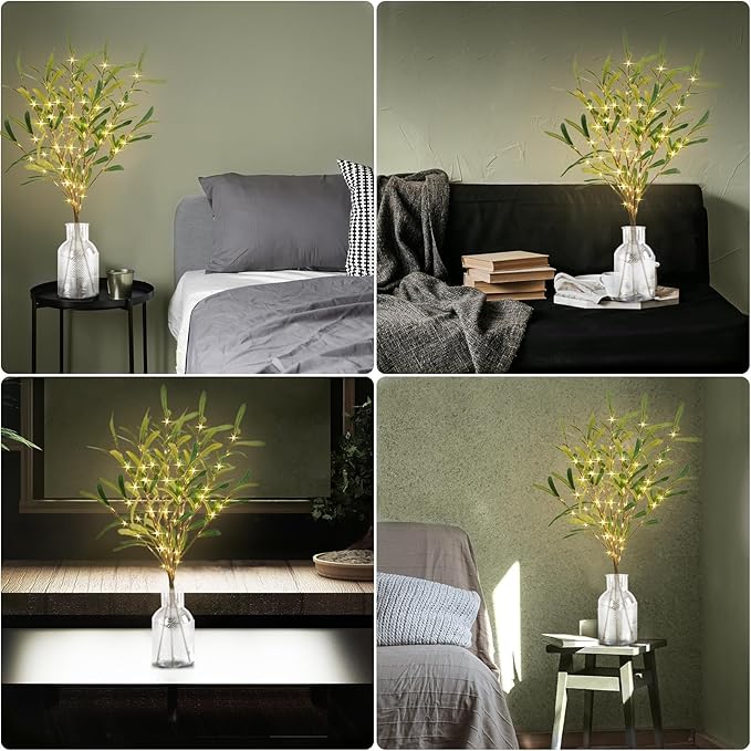 Olive Branches for Vases with Battery Operated Lights 33 Inches, 99LED Lighted Olive Tree Branches with Timer for Indoor Outdoor Spring Christmas Room Wedding Decoration