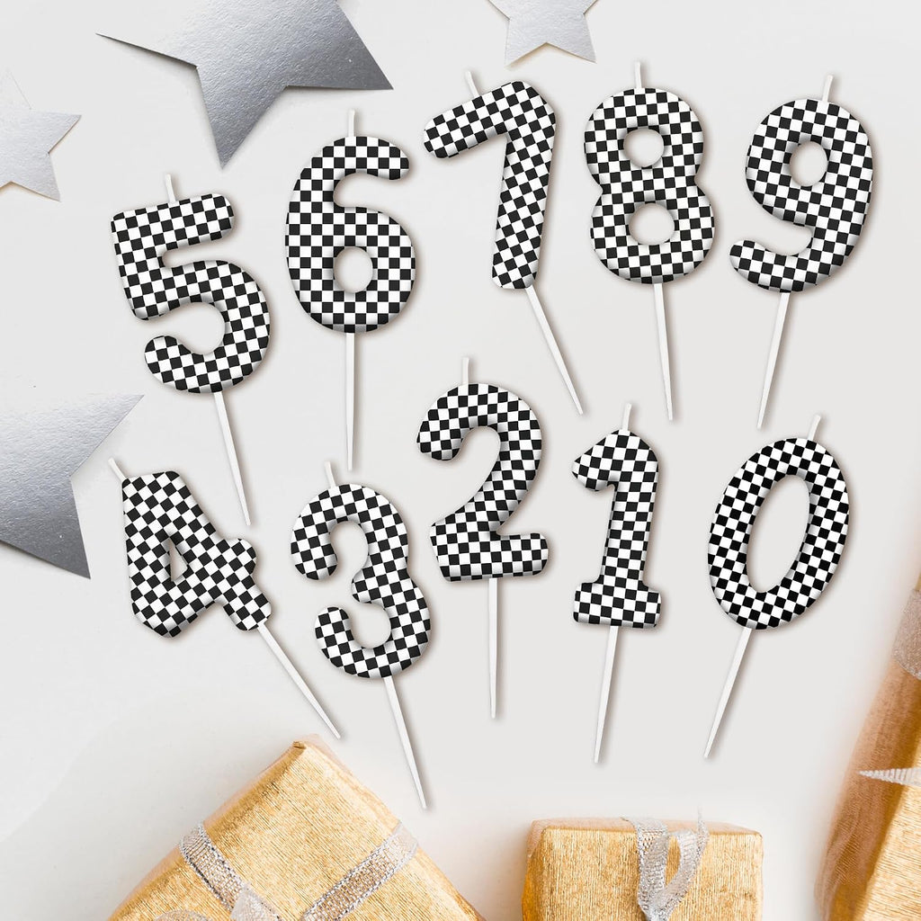 Race Car Birthday Number 4 Candles Cake Topper Birthday Party Decorations | Black and White Checkered Flag Themed Birthday Candles for Cupcake Topper Boys Girls Party Supplies