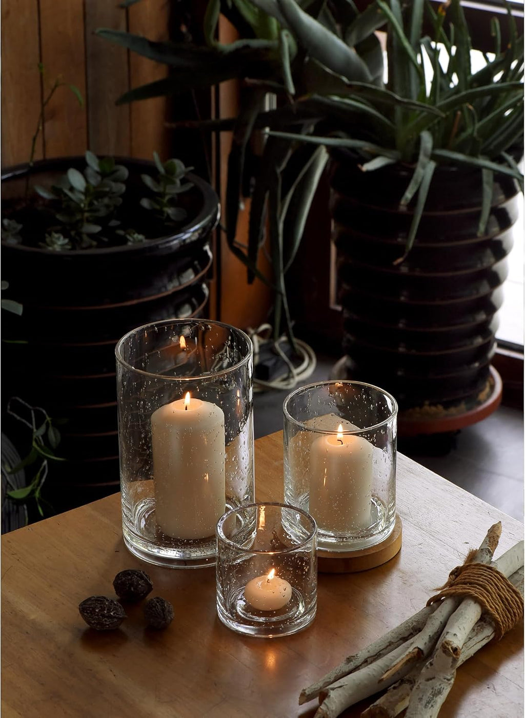Glass Candle Holders Set, 3 Sizes 8" 5" 3.5" Height | Hurricane Vase Centerpieces, Clear Seeded Bubbles Cylinder For Pillar Votive Flower