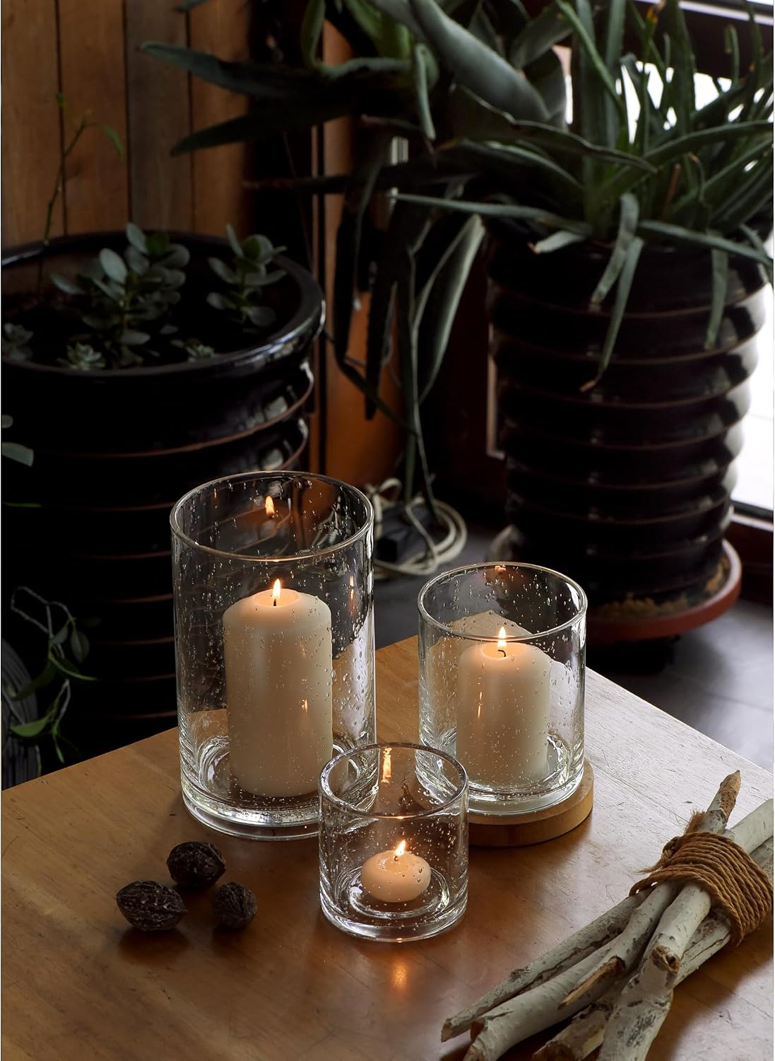 Glass Candle Holders Set, 3 Sizes 8" 5" 3.5" Height | Hurricane Vase Centerpieces, Clear Seeded Bubbles Cylinder For Pillar Votive Flower