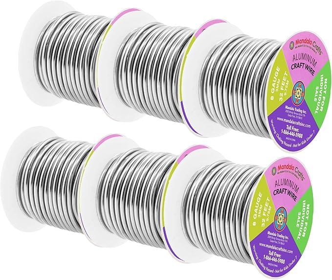 Mandala Crafts 8 Gauge Anodized Aluminum Craft Wire for Jewelry Making - 120 FT Colored Flexible Silver Combo Wire - Bendable for Bonsai Armature Crafting Sculpting