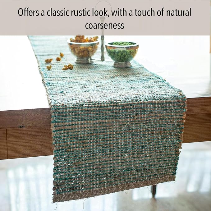 Chardin home Natural Jute Table Runner 13x108 Inch – Vintage Boho Rustic Table Decor – Handwoven Long Table Runner in Natural Jute and Aqua Turquoise – Farmhouse Dining or Console Table Accent
