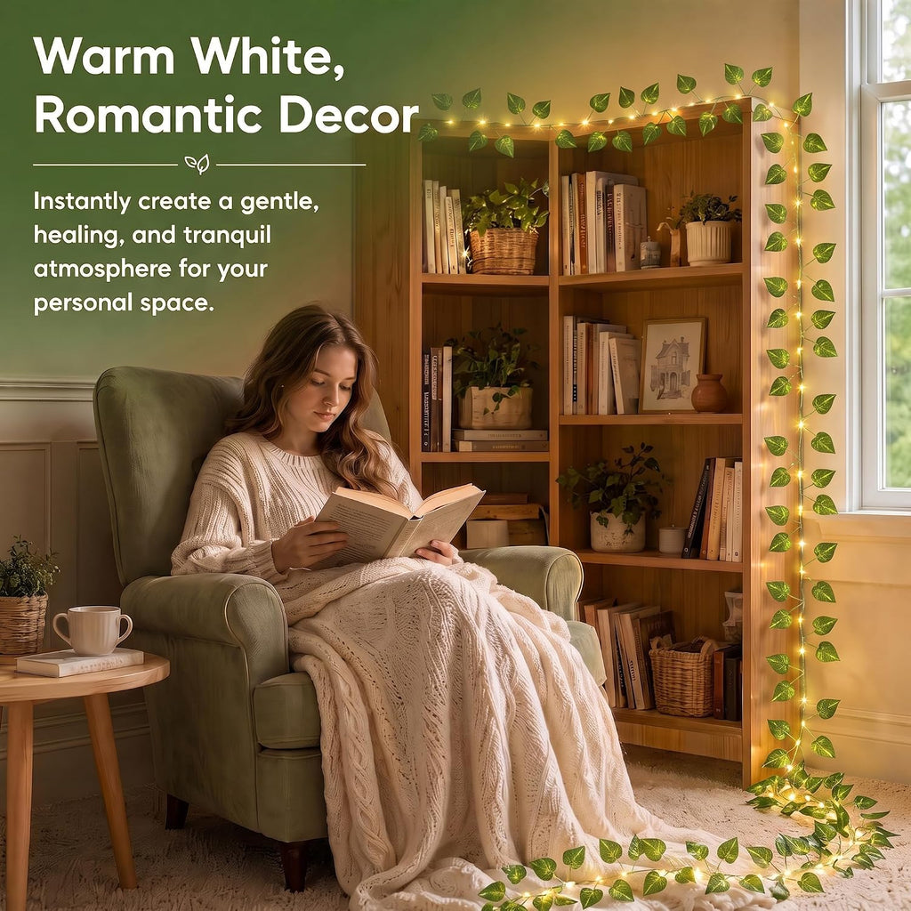 OMIKA Vine with Fairy Lights Battery Operated, 2 Pack 40FT 120LED Pothos String Lights with Remote, Pothos Leaf Lights for Bedroom, Wall, Garden, Party, Wedding Decor(Warm White)