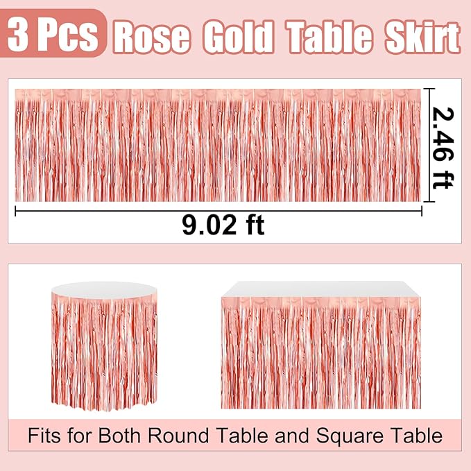3 Pack 29 x108 Inch Rose Gold Foil Fringe Table Skirts Metallic Banner for Tinsel Streamer Garland Backdrop for Parade Floats Wedding Thanksgiving Birthday Christmas New Year Party Decoration