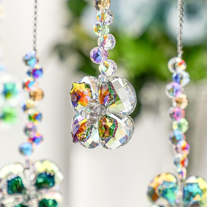 HDCRYSTALGIFTS 4pcs Four Leaf Clover Sun Catchers with Crystals Rainbow Prisms Window Suncatcher Hanging Indoor Decorations, St Patricks Day Accessories Spiritual Gifts for Women, Mom, Family, Friends