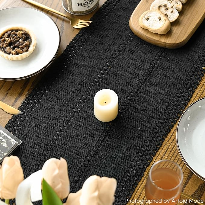 Artoid Mode Black Farmhouse Woven Rustic Hollow Table Runner, Seasonal Holiday Hollow Kitchen Dining Table Decoration for Home Party Decor 12x48 Inch