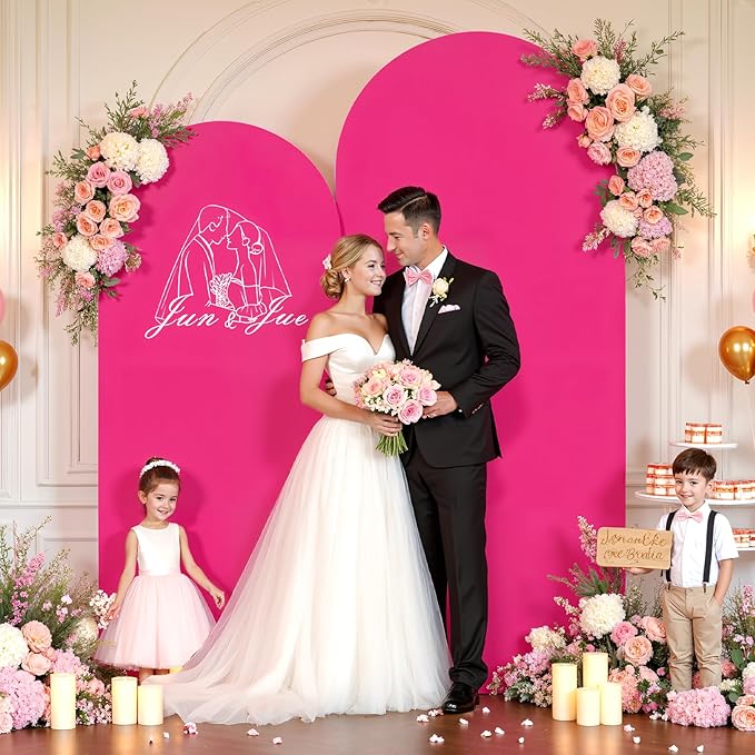 7.2FT 6FT Arch Backdrop Cover for Wedding, Set of 2 Stretchy Spandex Fitted Arch Stand Cover for Baby Shower, Birthday Party Decor, Chiara Backdrop Cover with Double-Sided Design(Pink, Hot Pink)