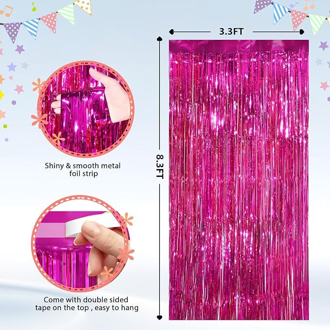 2Pack Hot Pink Metallic Tinsel Foil Fringe Curtains Backdrop for Pink Party Birthday Wedding Bachelorette Baby Shower Holiday Party Decorations Photo Booth Props, Bachelorette Christmas Party Decors