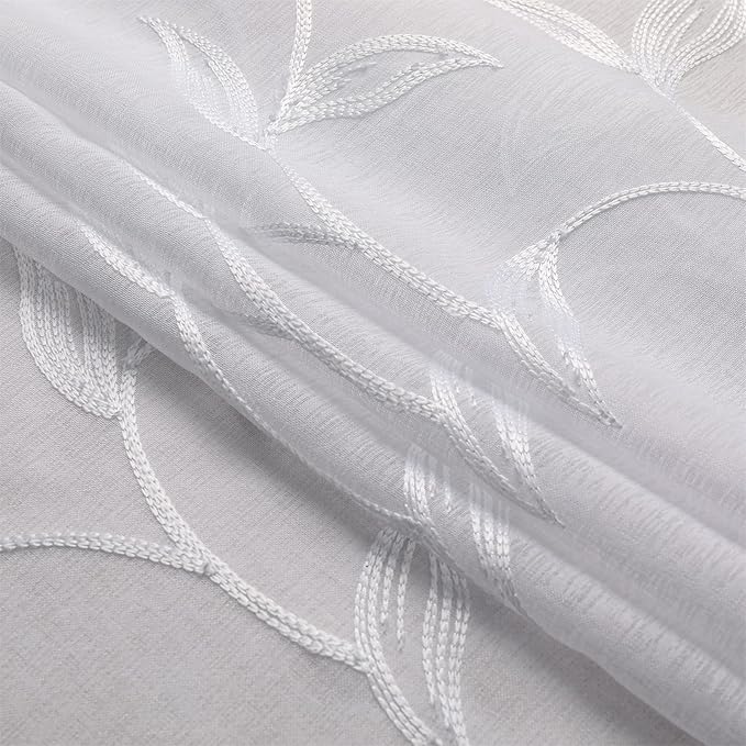 VISIONTEX White Sheer Voile Curtains, Decorative White Embroidery Faux Linen Rod Pocket Window Drapes for Home Kitchen, Living Room and Bedroom 54 x 63 Inch, Set of 2 Curtain Panels