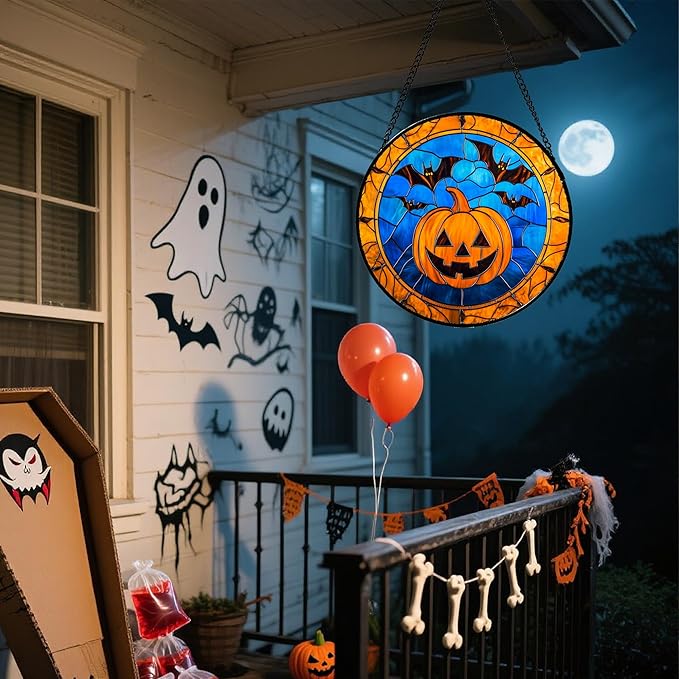 Stained Glass Window Hanging - Halloween Evil Pumpkin Suncatcher for Doors Window Garden Indoor Spooky Brown Bat Sun Catchers Gothic Decor Horror Gifts for Women Men Friend Boy Girl 15 in