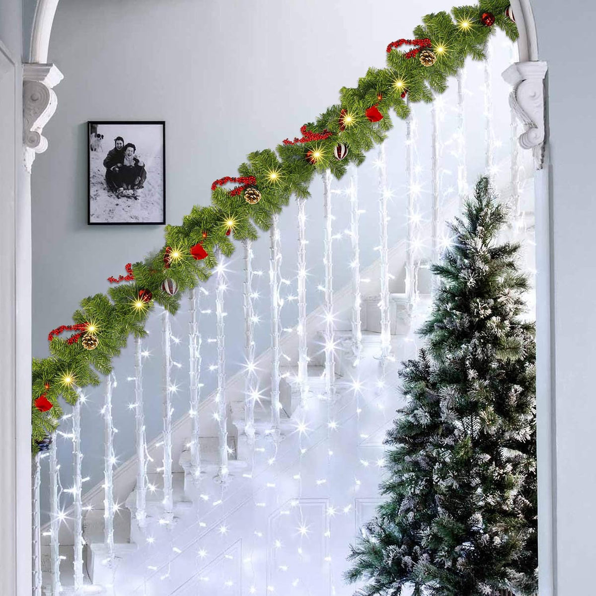 funpeny 9 ft artificial christmas garland, pre-lit 50 on a desk or shelf