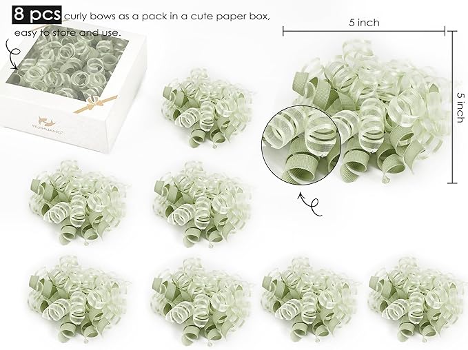 HUIHUANG Green Bows for Gift Wrapping Sage Green Gift Bows 5 inch x 8 Counts Self-Adhesive Curly Ribbon Bow for Presents, Paper Bag, Baby Shower Favors, Wrapping Accessories, Wedding Decor