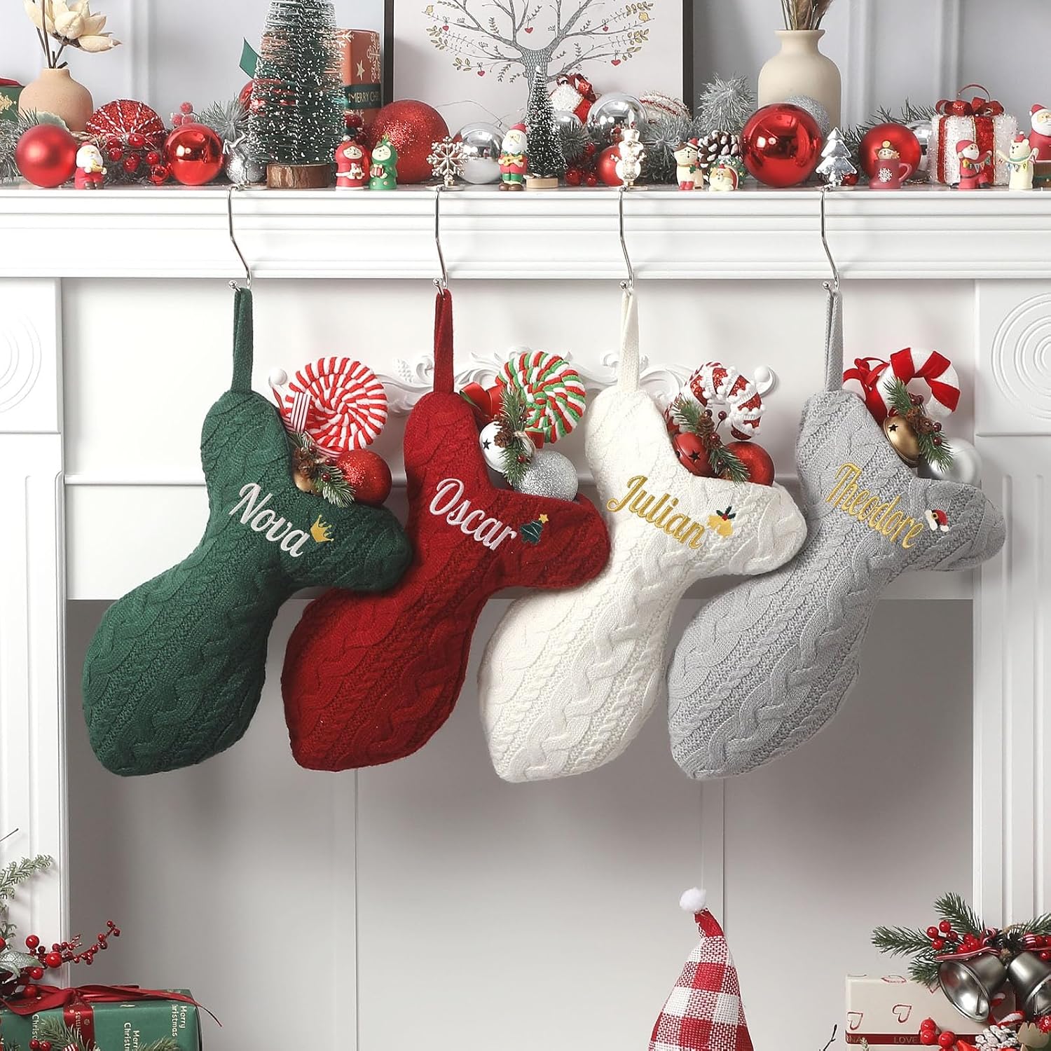 Personalized Cat Christmas Stockings, Large Custom Embroidered Name Stocking for Dog Cat, Fish Shape Xmas Stockings, Christmas Decorations Fireplace Hanging Stockings Family Holiday Stockings(1 Pack)