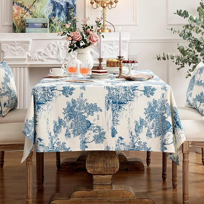 patdrea Designer Vintage Cyan Extra Long Tablecloth for Rectangle Table,Linen Ancient Castle and Manor Pattern Tablecloths,Decor for Kitchen Dining Christmas,Thanksgiving,67"x118"-Lucerne a