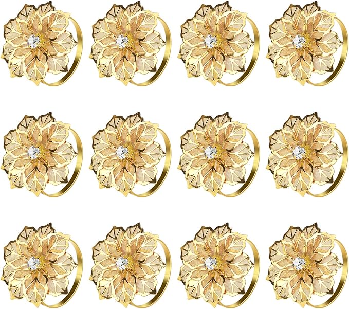 KPOSIYA Flower Napkin Rings Holder Metal Gold Napkin Rings Set of 6 for Wedding Party Holiday Banquet Christmas Dinner Delicate Serviette Buckles Decor Favor (6, Flower-Gold)