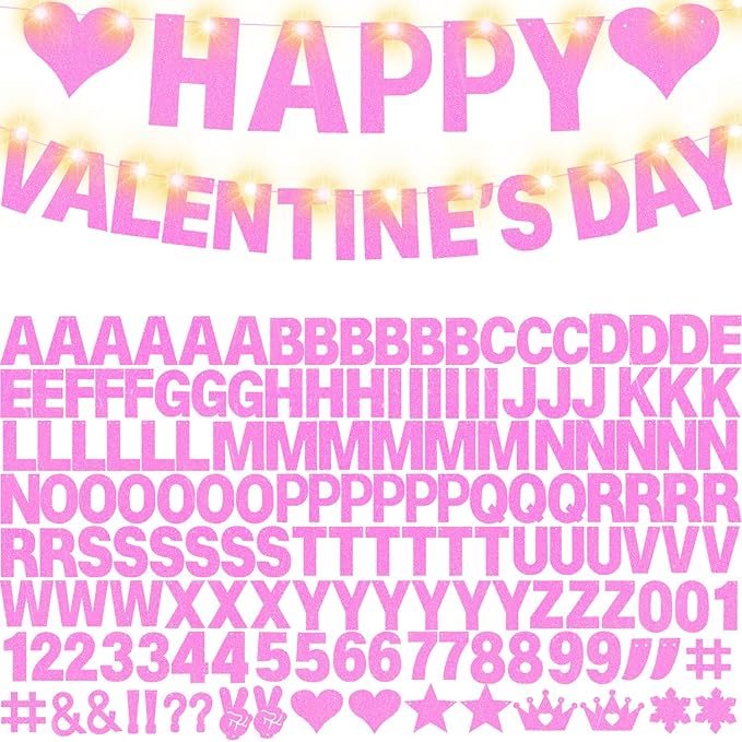 167Pcs DIY Glitter Customizable Banner Kit Happy Birthday Letter Banners Happy Valentine's Day Banners Love Heart Personalized Banner Decor Birthday Party Decorations Supplies(Glitter Light Pink)
