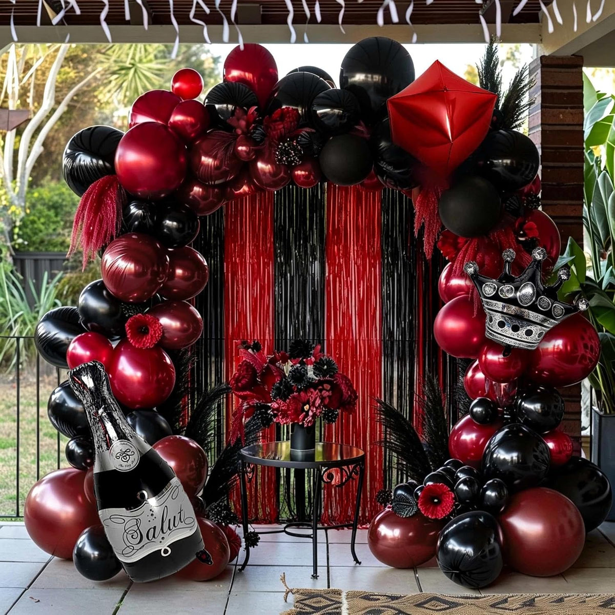 red black party balloon kit 2pack foil fringe on a desk or shelf