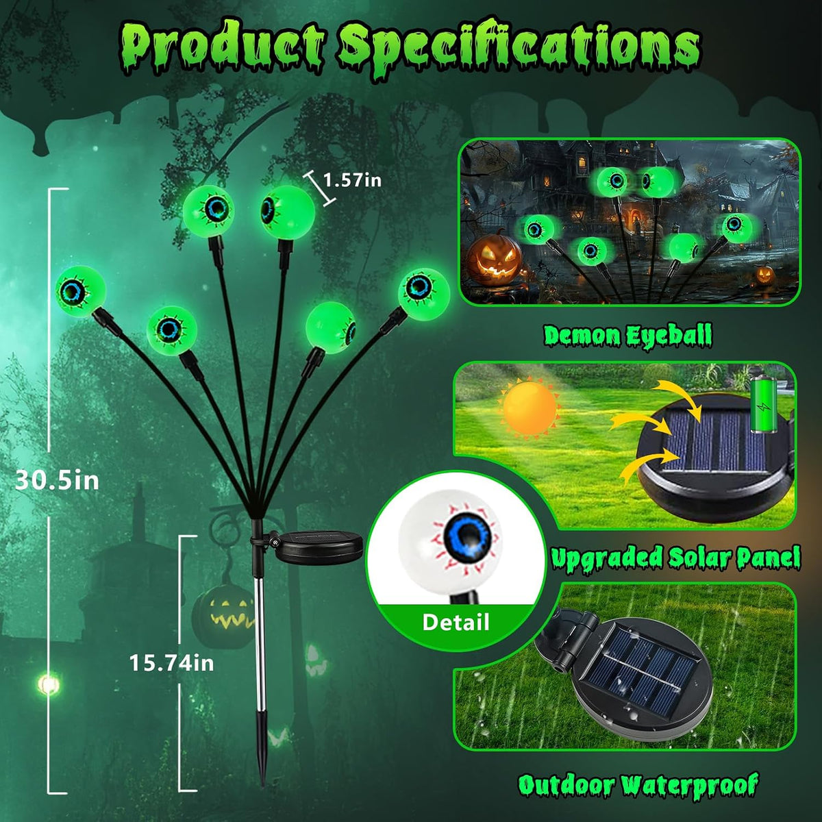 halloween decorations outdoor 36 led green solar eyeball, close-up detail