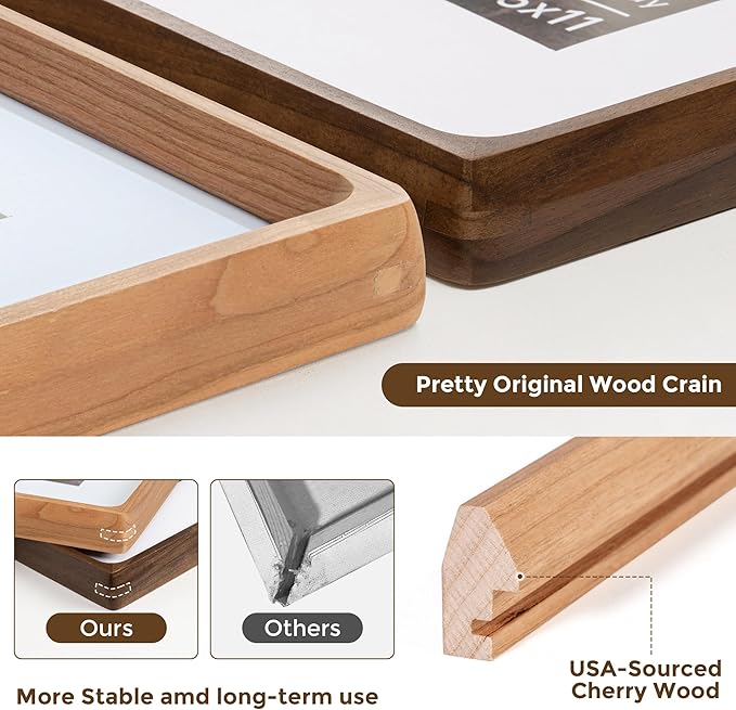 11x14 Picture Frame USA-Sourced Natural Cherry Wood Solid Original Wood Photo Frame Rounded Corner with Mat to 8x10 Picture Display with Real Glass Family Picture, Wedding Picture, Photo, Certificate
